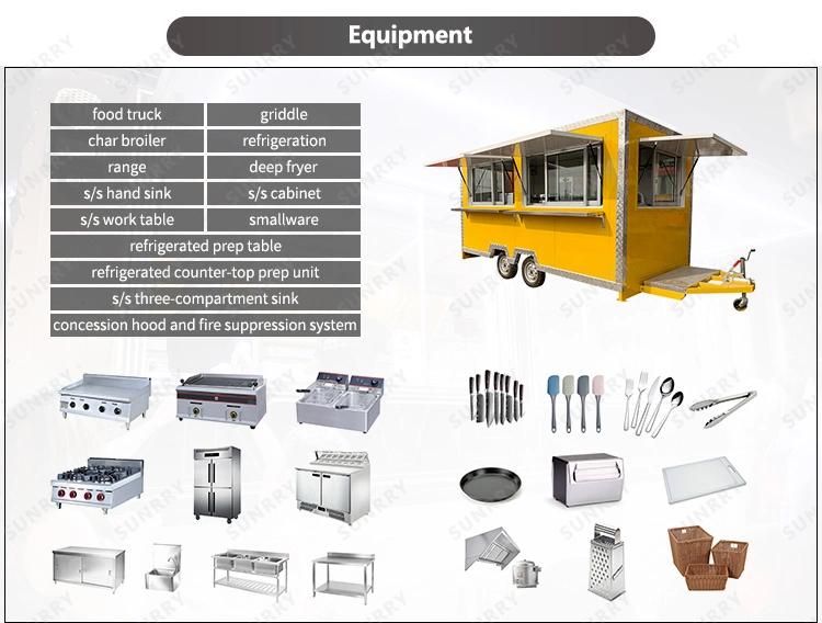 Sunrry Mini Street Fast Food Carts Trailer Mobile Food Cart Design Stainless Steel Fast Food Truck Kitchen Equipment
