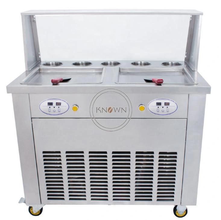 Thailand Style Fried Ice Cream Roll Machine Temperature Control 110V/220V 2 Pans with 5 Cooling Food Tanks