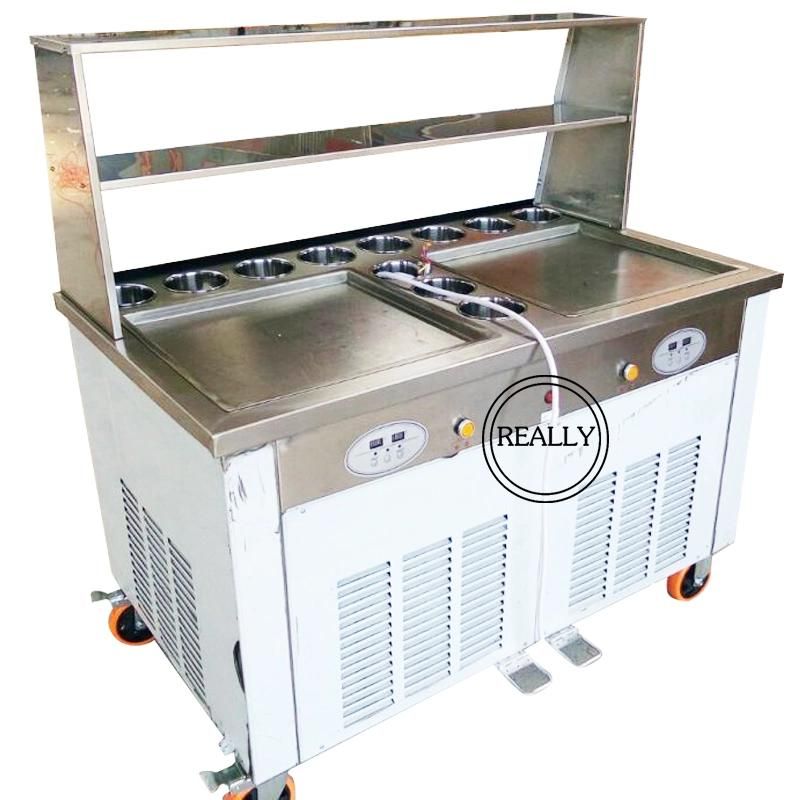 Commercial Stainless Steel Big Pot Double Pans Square Fruits Thailand Rolling Fried Fry Ice Cream Machine in Snack Machines