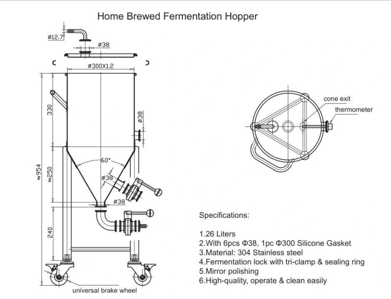 26L Conical Fermenter with Wheels / Stainless Steel 304 Fermentation Tank