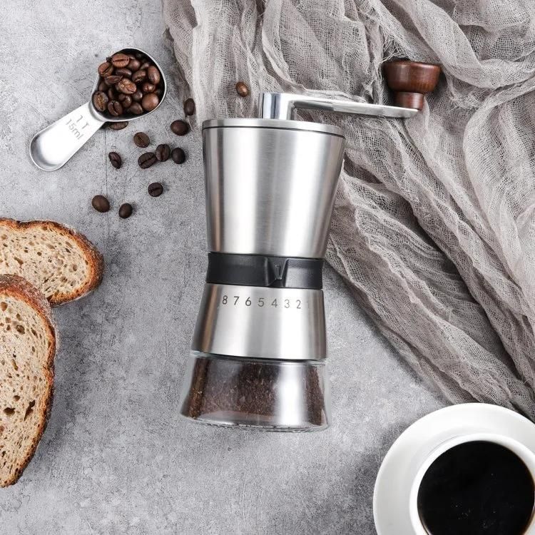 Manual Coffee Grinder with Adjustable Setting - Conical Burr Mill & Brushed Stainless Steel Whole Bean Burr Coffee Grinder