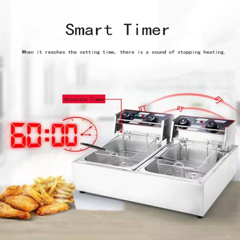 10L 60 Minutes Timer 200 Degrees Celsius Temperature Control Double Tanks Stainless Steel Electric Fryer