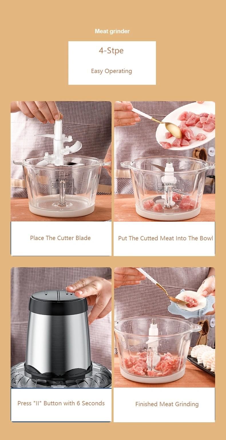 3L SS304 Bowl Meat Grinder Double-Layer Four-Leaf Blade Three-Dimensional Cutting Food Processor