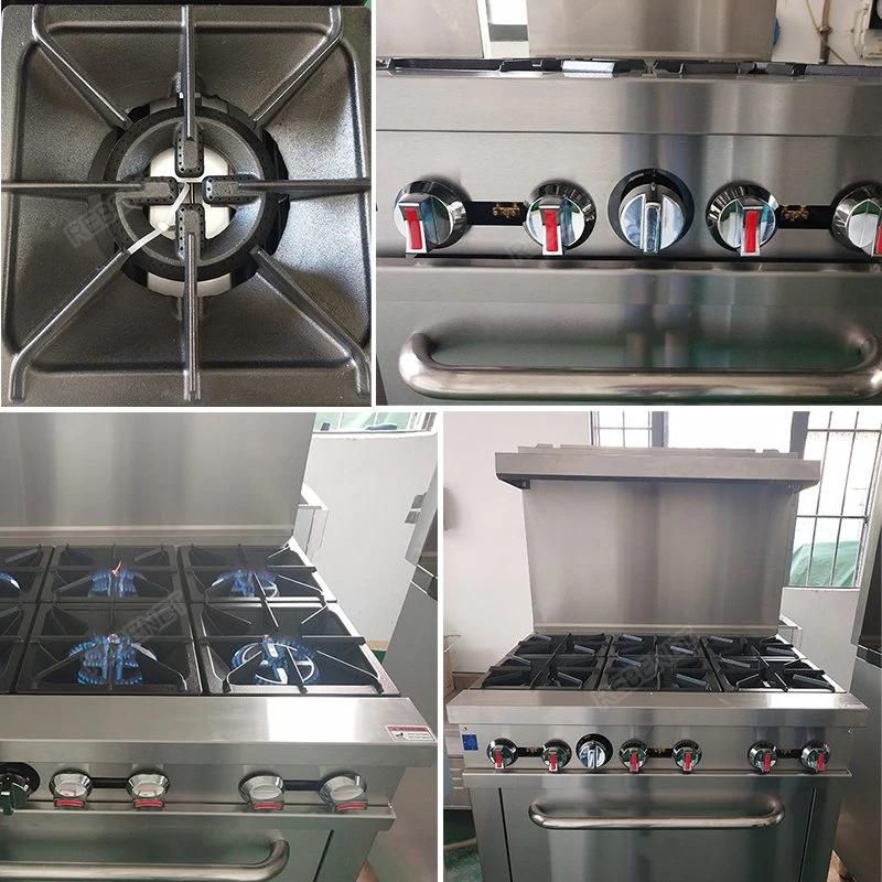 High Quality Stainless Steel 6 Burner Gas Stove Cooker Range with Gas Oven Commercial Catering Kitchen Equipment (RGR36)