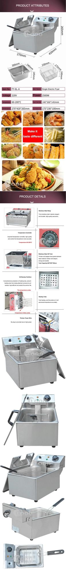 Commercial Donuts Machine 1 Stainless Steel Tank Commercial Tabletop Restaurant Equipment Frying Basket Filters 6L 2500W Electric Deep Fryer