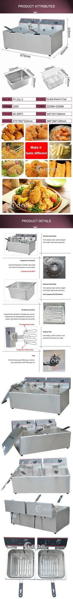 11L+11L Table Top Stainless Steel French Fries Machine 2 Tank 2 Basket Commercial Potato Chip Fryer Electrical Deep Fryer