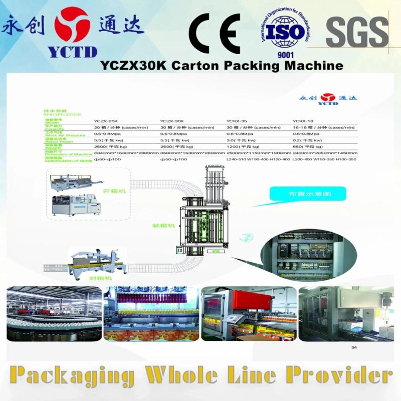 YCZX-20K case packaging machine for beverage drinking, mineral pure water, neck grasping carton filler