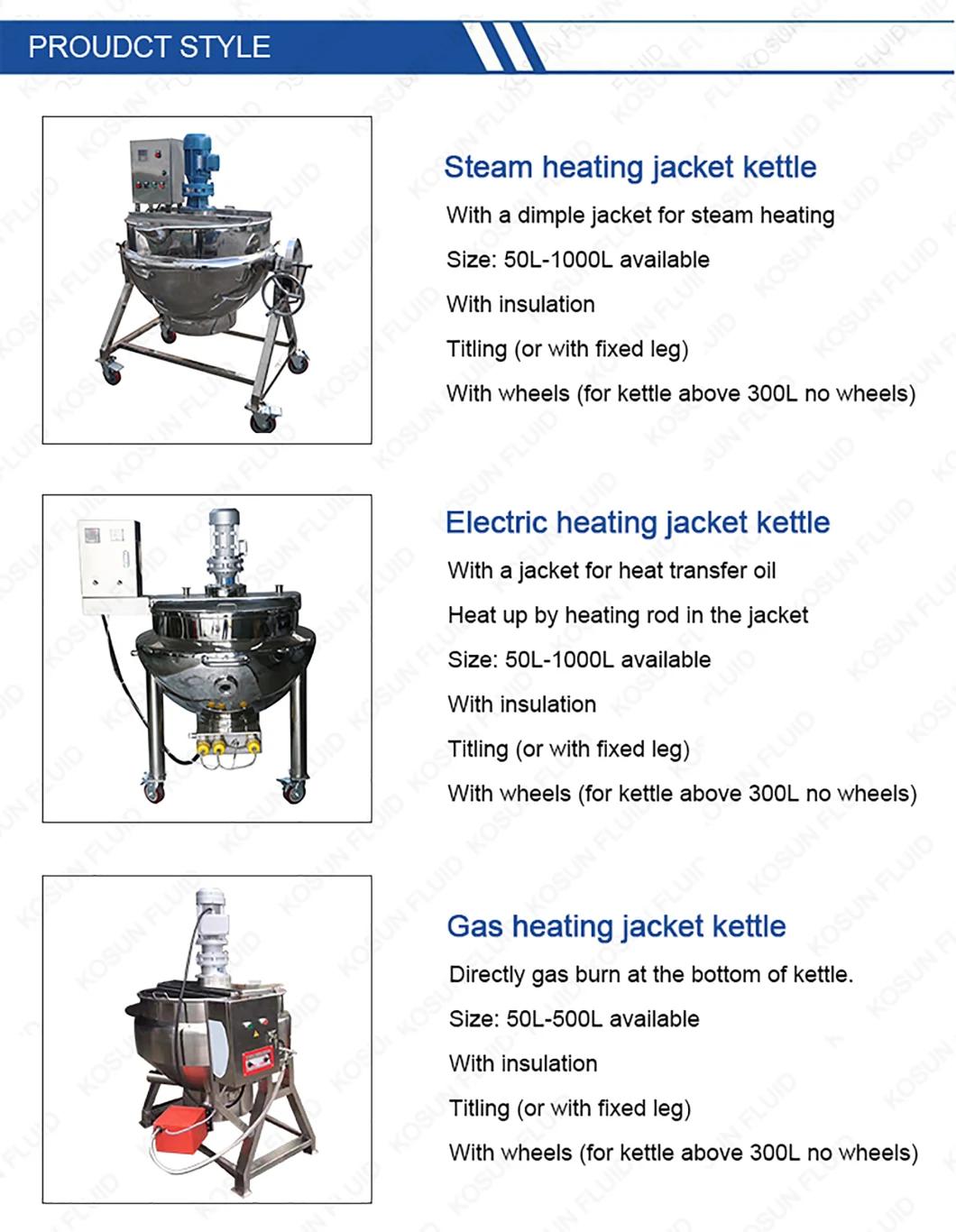 Stainless Steel Food Grade Electric and Steam Heating Jacketed Sugar Melting Pot with Agitator