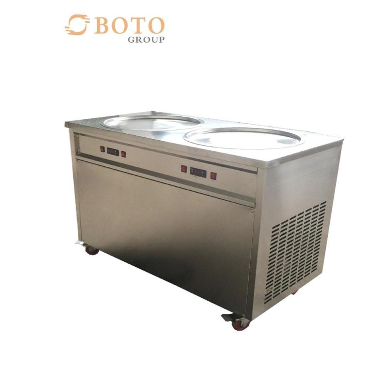 Frozen Commercial Ice Cream Frying Machine with 2 Flat Pans and Imported Compressor Stainless Steel Fried Ice Cream Roll Machine