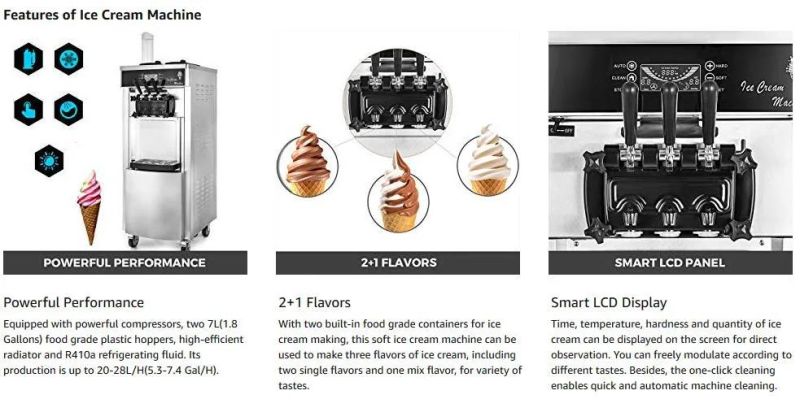 20-28L/H 3 Flavor Floor Standing Air Adjustable Function Soft Ice Cream Machine