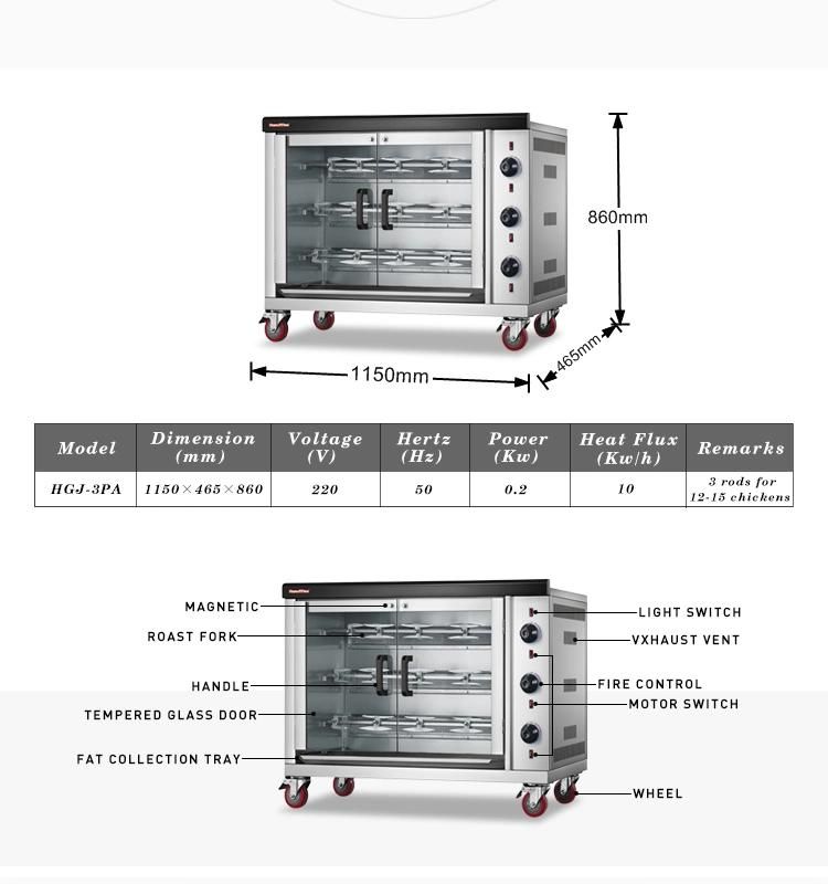 Hgj-3PA Gas Industrial Chicken Grill Rotisserie Machine for 12-15 Chickens