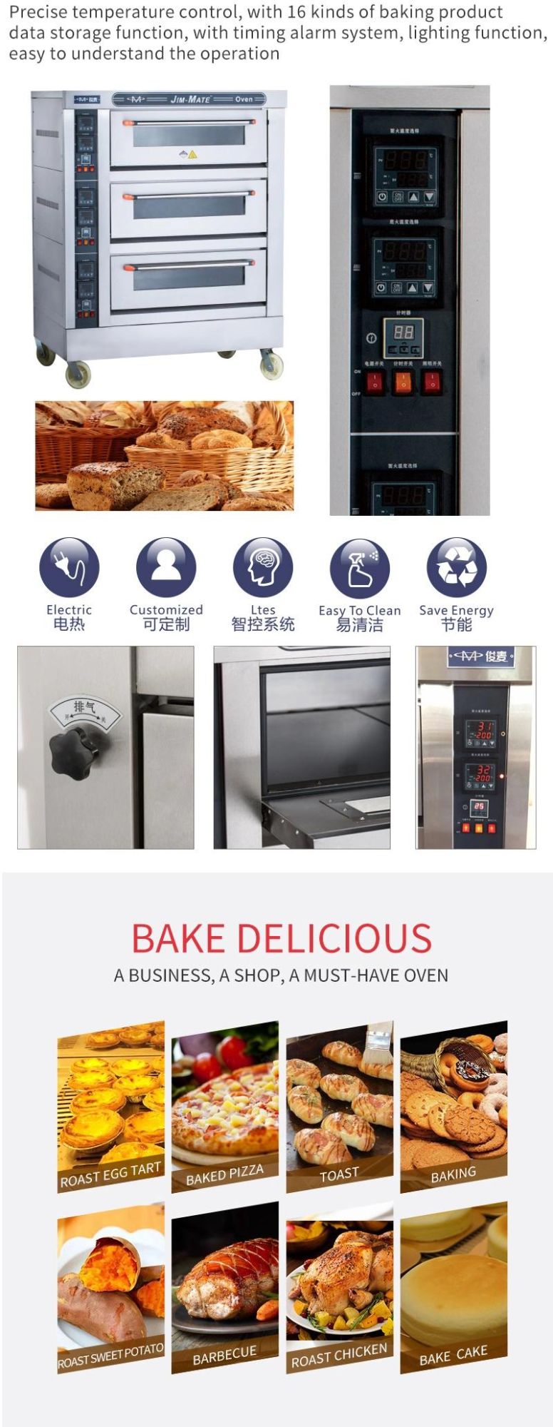 3 Decks 6 Trays Bakery Equipment Commercial Electric Deck Cake Bread Baking Pizza Oven