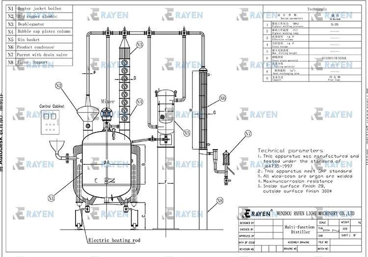 China Manufacture Distillation Column 99% Alcohol Making for Disinfection with Valves, Clamps, Gaskets, Thermowell, Level Sensor