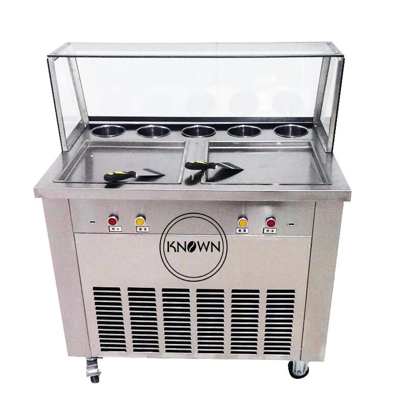 Thailand Style Fried Ice Cream Roll Machine Temperature Control 110V/220V 2 Pans with 5 Cooling Food Tanks