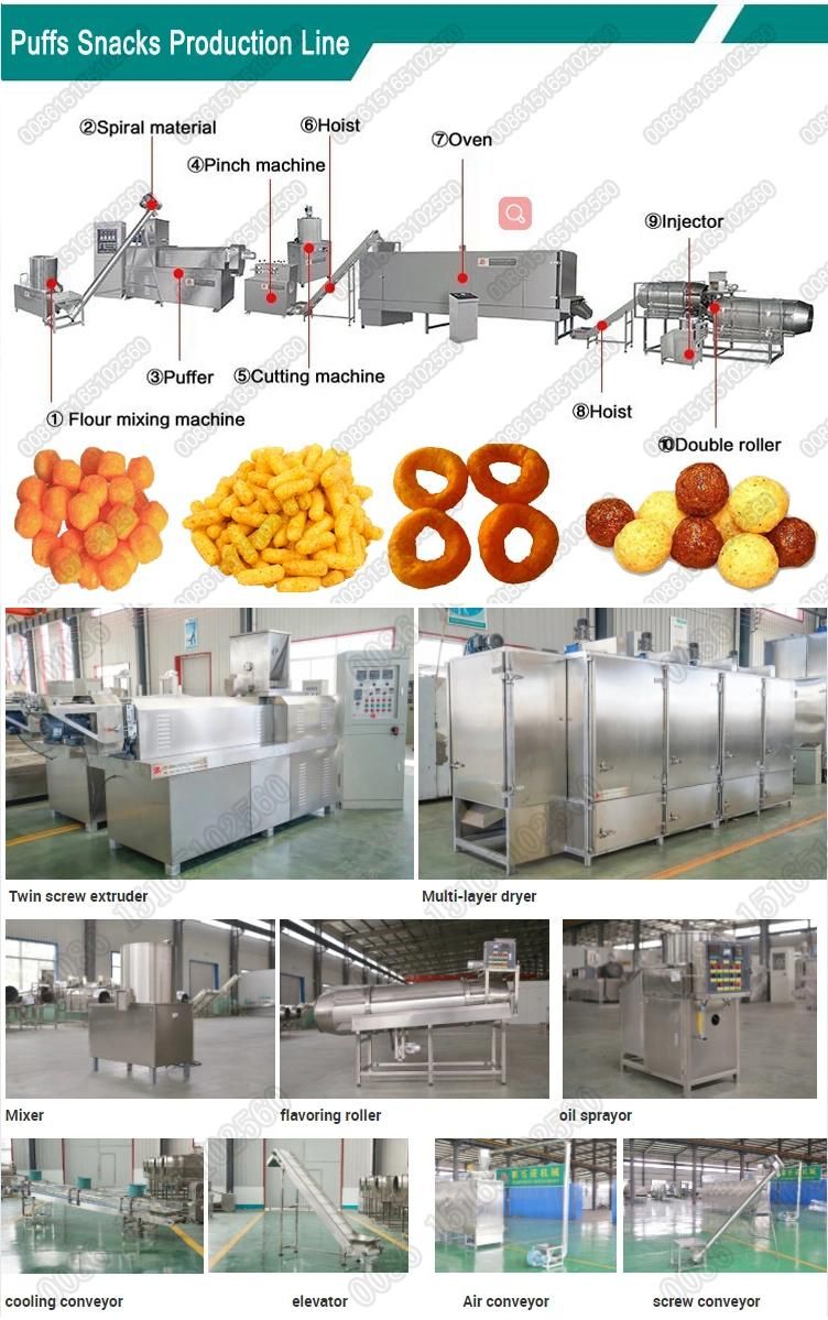 Puffed Corn Chips Curls Stick Fried Bar Snack Coco Pop Cereal Rings Cheese Ball Core Filling Twin Screw Extruder Processing Making Machine