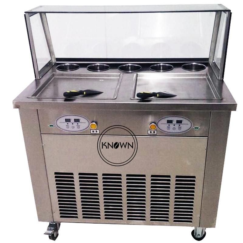 Thailand Style Fried Ice Cream Roll Machine Temperature Control 110V/220V 2 Pans with 5 Cooling Food Tanks