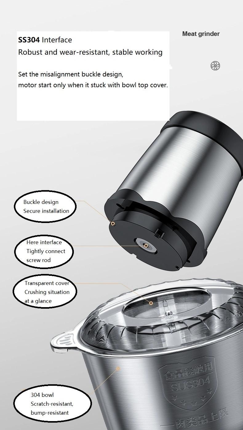 Multi-Purpose Meat Grinders Choppers Household Electric Food Processor with 2L/3L SS304 Bowl Could Be OEM