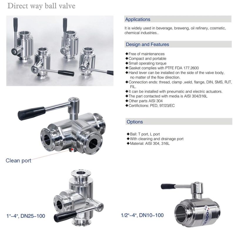 ISO 90001 Sanitary 3-Way Ball Valve with Red Horzizonal Actuator