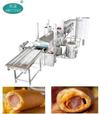 Cheesy Fried Hot Dogs Frying Machine and Deoiling Line