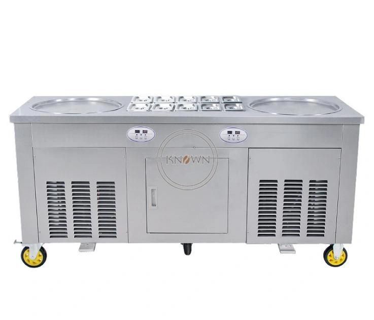 Temperature Control 110V/2202V Double Round Pan with 10 Cooling Food Tanks Thailand Style Fried Ice Cream Roll Machine