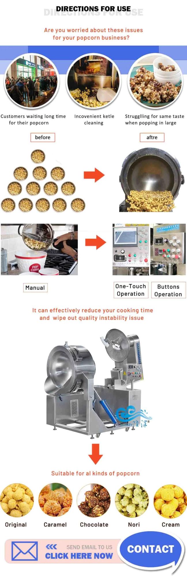 China Fully Automatic Industrial Commercial Large Chocolate / Salty Flavoring Spherical Mushroom Stainless Steel Gas Type Heating Popcorn Making Machine Price
