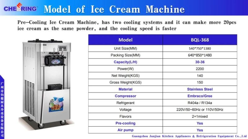 Three Flavor Stainless Steel Commercial Precooling Air Pump Soft Ice Cream Machine with CE