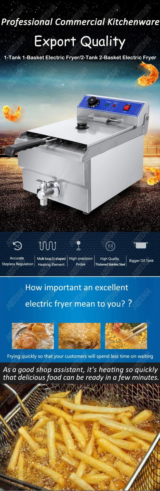 Ef102V Electric Counter Top Deep Fryer Commerical French Fry Chips Potato Chicken Fryers with Tanks Baskets Stainless Steel 10+10L