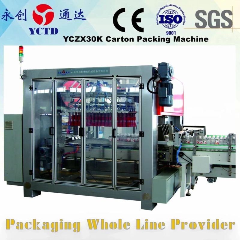 YCZX-20K case packaging machine for beverage drinking, mineral pure water, neck grasping carton filler
